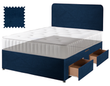 Velvet divan bed base in blue, 4 drawers, curved headboard (mattress shown for illustration, not included)