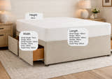 Divan base sizes: widths 90 to 180 cm, lengths 190 or 200 cm, height 36 cm