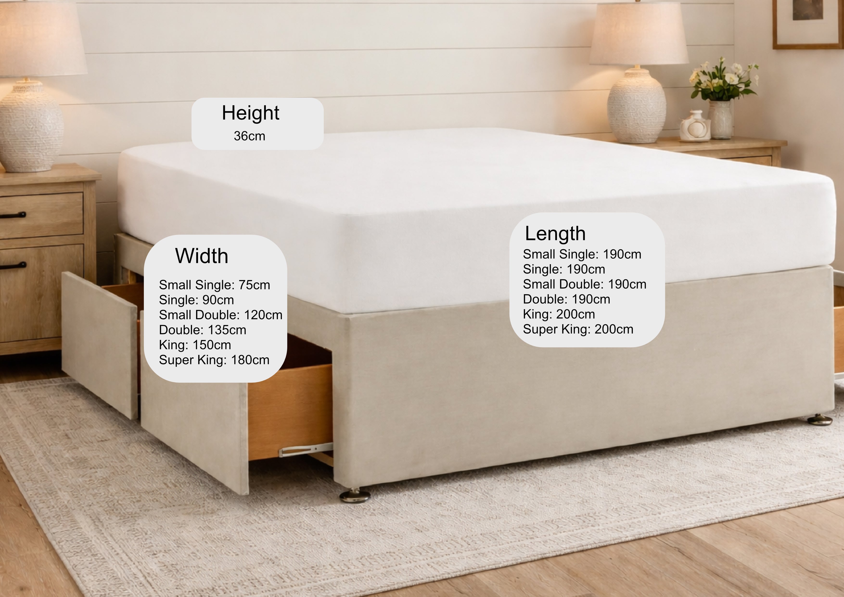Divan base sizes: widths 90 to 180 cm, lengths 190 or 200 cm, height 36 cm