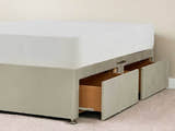 Close view of the divan drawers on runners and the chrome glider feet