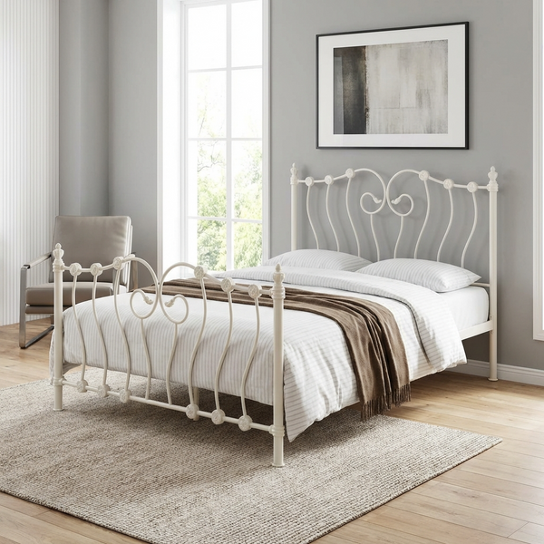 Inova ivory metal bed frame with decorative swirl detailing