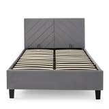 Hoxton grey velvet ottoman bed frame from the foot end, showing the slats