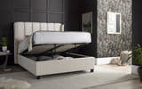 Holloway velvet ottoman bed in warmstone velvet, with the gas lift storage open