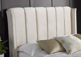 Holloway velvet ottoman bed in warmstone velvet, close-up of the art deco headboard