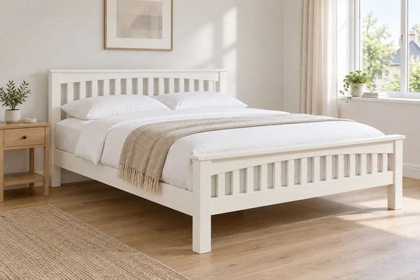 Barnes soft white wooden super king bed, shown in a bright UK bedroom