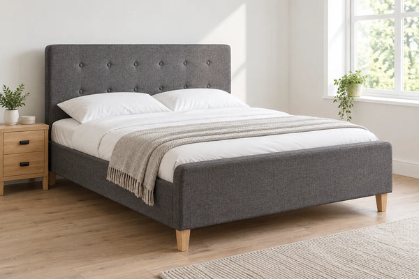 Bayswater dark grey ottoman bed, shown in a bright UK bedroom
