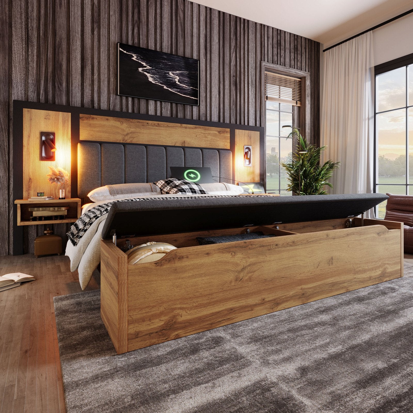 Finchley Bed with Bedside Tables, in a bedroom with the bench open