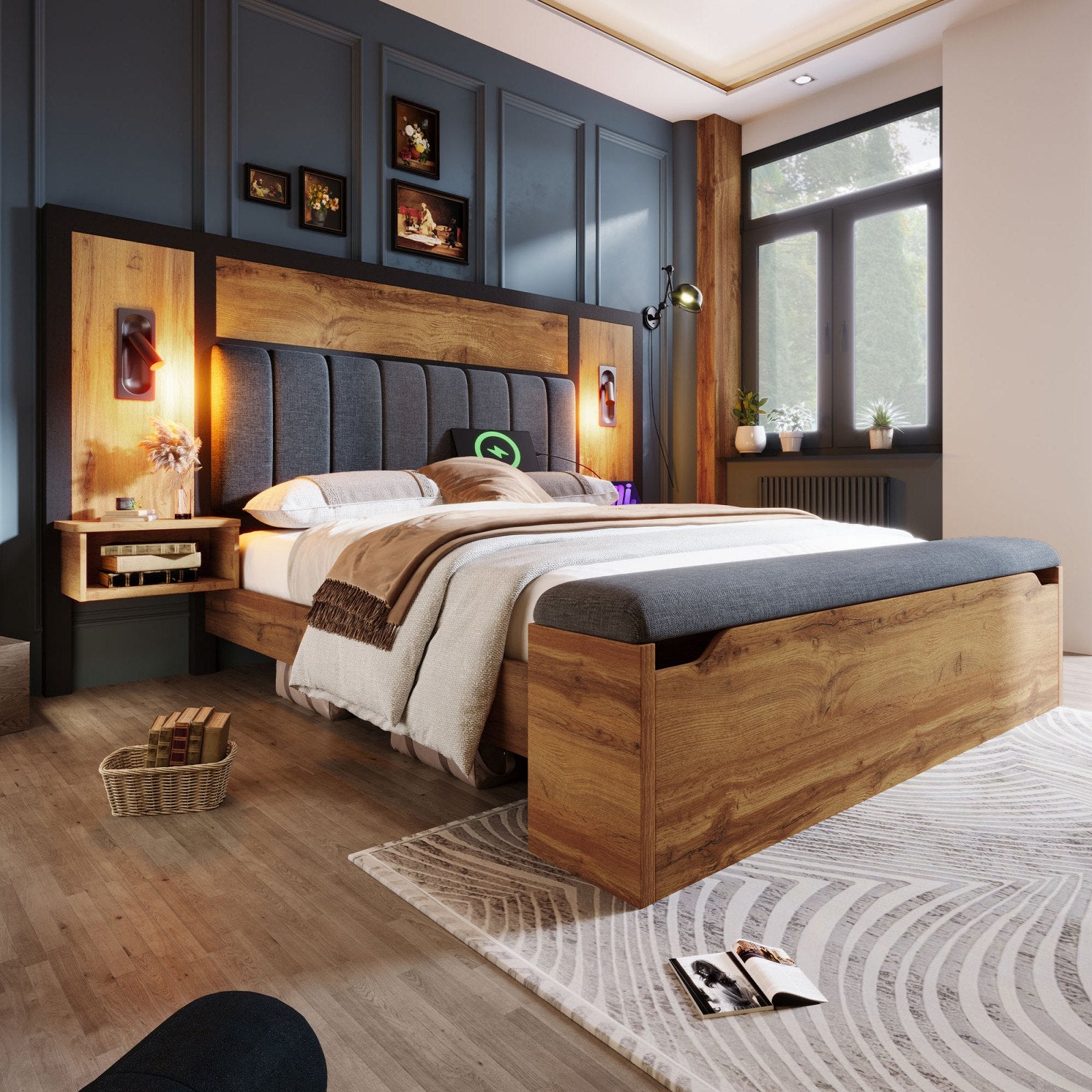 Finchley Bed with Bedside Tables, in a blue bedroom, from the foot end