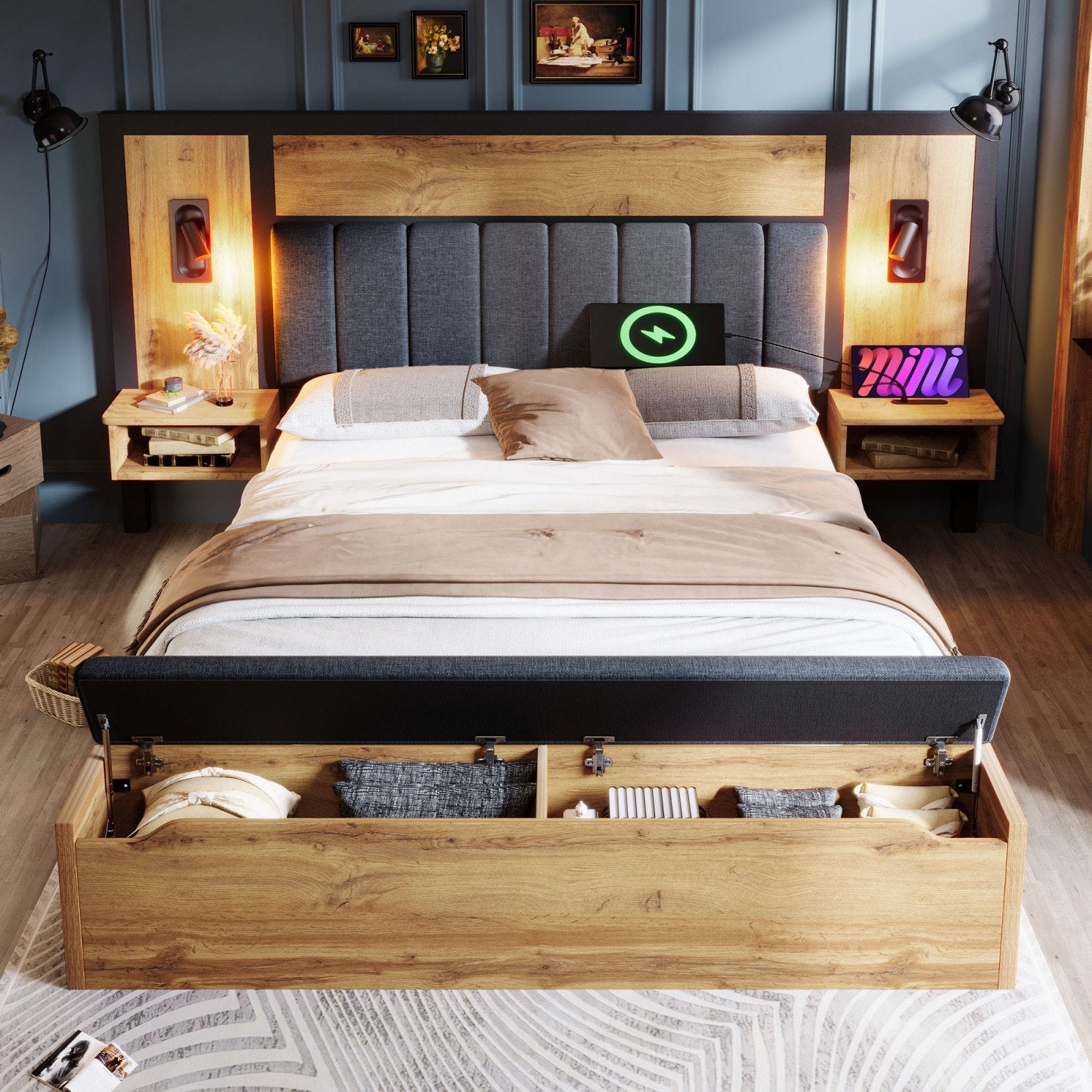 Finchley Bed with Bedside Tables, in a blue bedroom, bench open