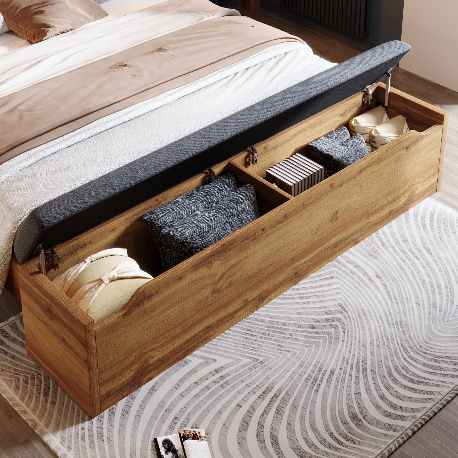 Finchley Bed with Bedside Tables, close-up of the storage bench