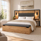 Finchley bed with bedside tables and storage bench, oak effect, in a bright bedroom (AI-generated illustration of this frame; bedding for illustration, mattress not included)