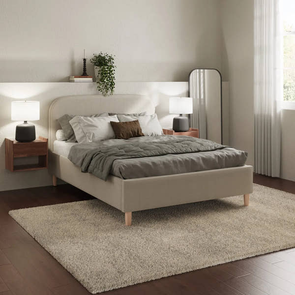 Belgravia boucle ottoman bed frame in stone