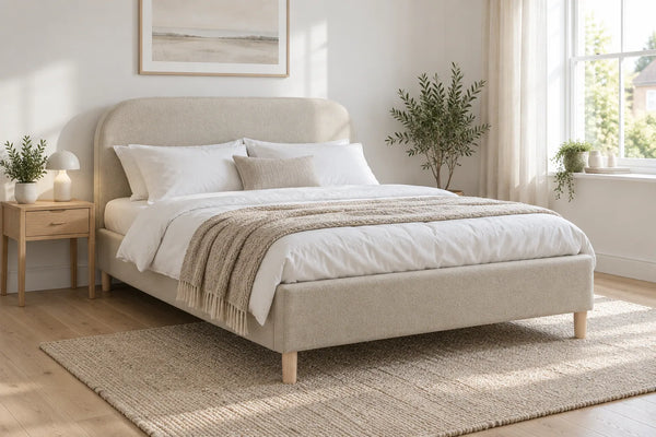 Belgravia stone boucle ottoman bed, shown in a bright UK bedroom