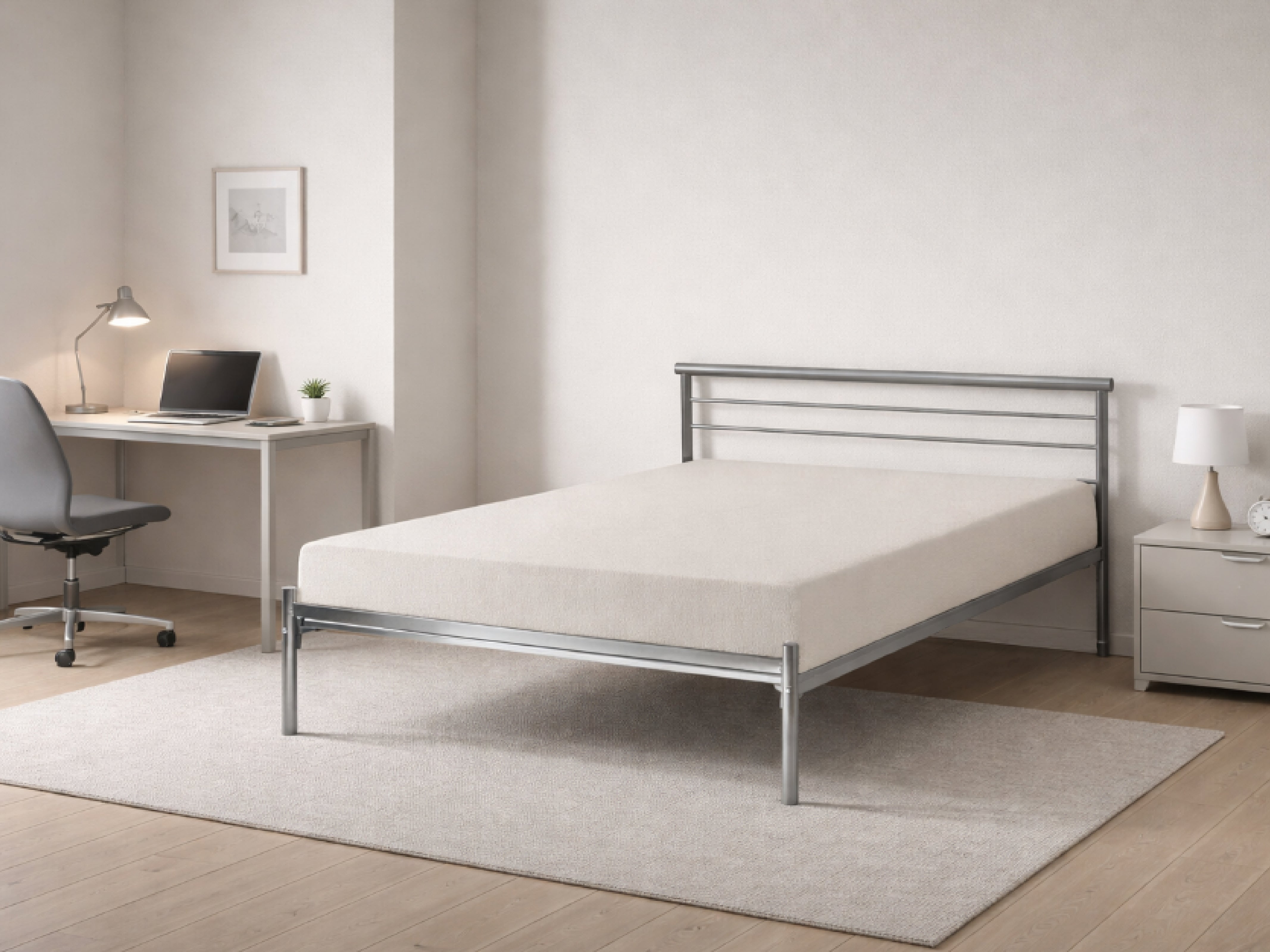 Bermondsey silver metal bed frame, in a bedroom with a desk