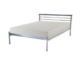 Bermondsey silver metal bed frame, with a mattress, on a plain background
