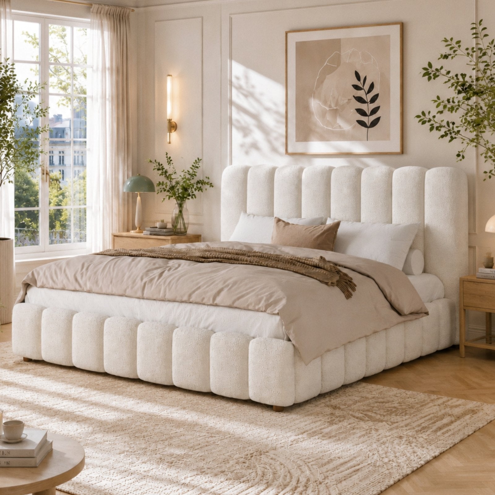 Muswell Bouclé Bubble Bed with Hydraulic Ottoman Storage, in a bedroom, closed