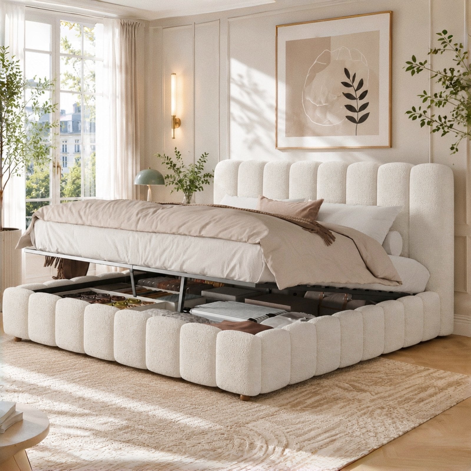 Muswell Bouclé Bubble Bed with Hydraulic Ottoman Storage, with the hydraulic storage open