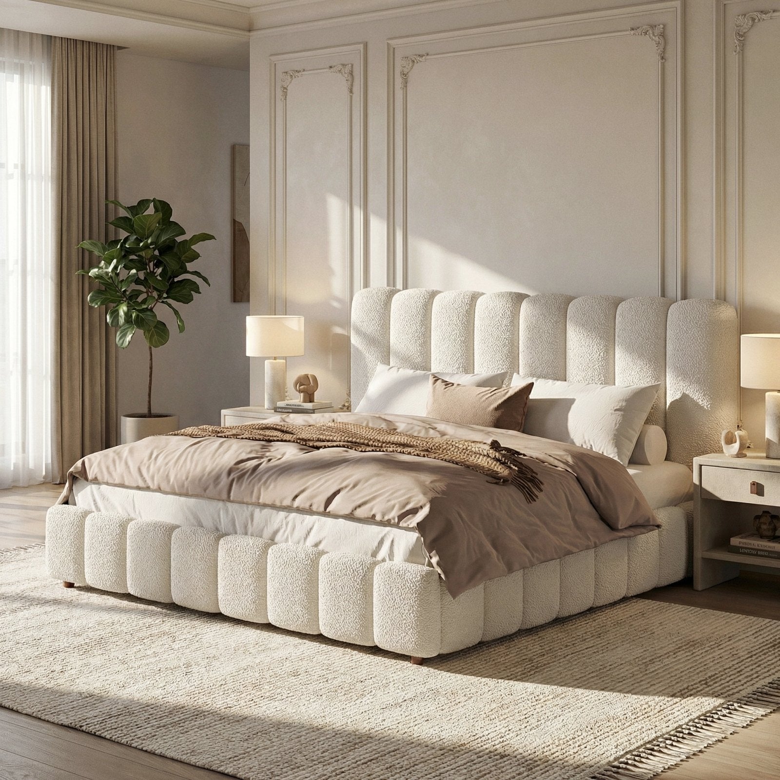 Muswell Bouclé Bubble Bed with Hydraulic Ottoman Storage, in a bedroom by a window