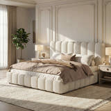 Muswell Bouclé Bubble Bed with Hydraulic Ottoman Storage, in a bedroom by a window