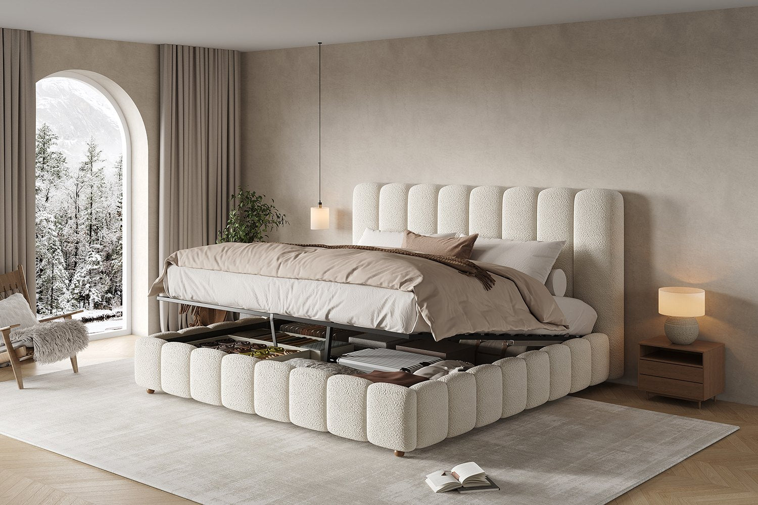 Muswell Bouclé Bubble Bed with Hydraulic Ottoman Storage, in a room with an arched window