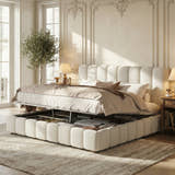 Muswell Bouclé Bubble Bed with Hydraulic Ottoman Storage, storage open, by a window