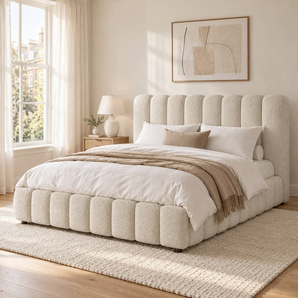 Muswell bouclé bubble bed in cream, in a bright bedroom (AI-generated illustration of this frame; bedding for illustration, mattress not included)