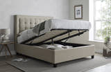 Tooting fabric ottoman bed in oatmeal, with the gas lift storage open