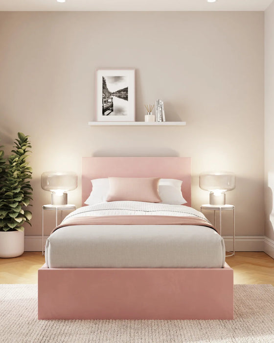 Camden end lift velvet ottoman bed frame with a low headboard