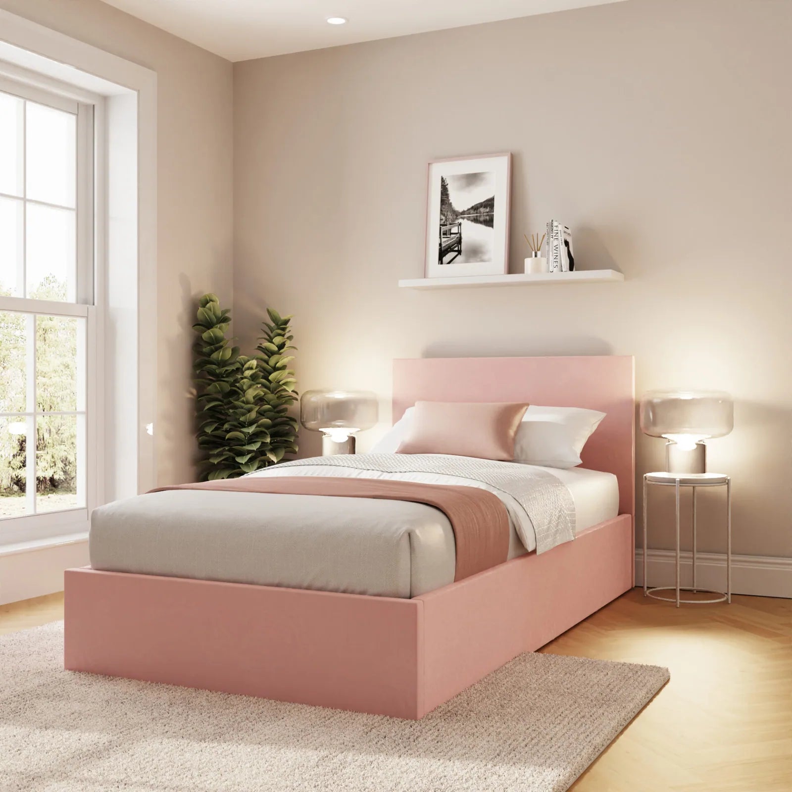 Camden end lift velvet ottoman bed frame with a low headboard, view 2