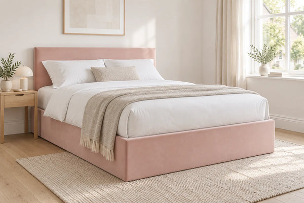 Camden velvet ottoman bed with a low headboard, shown in a bright UK bedroom