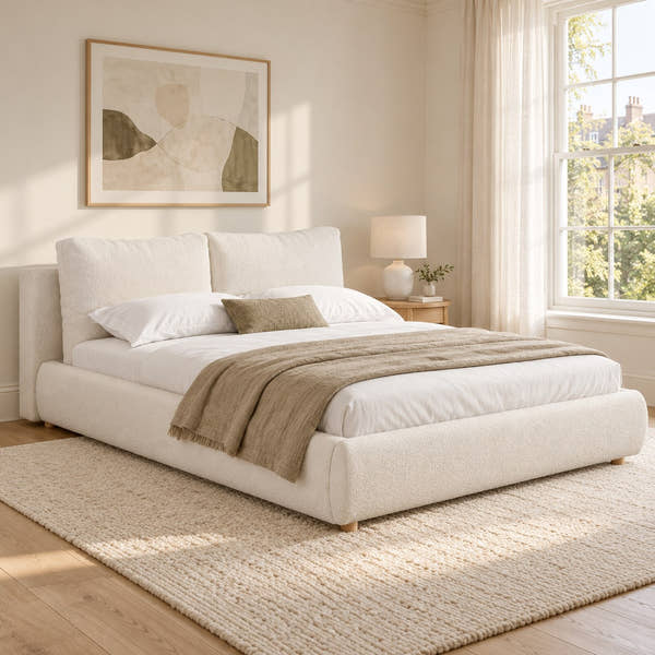 Primrose bouclé cloud bed in warm white, in a bright bedroom (AI-generated illustration of this frame; bedding for illustration, mattress not included)