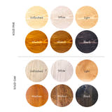The six finishes of the Mortlake, on solid pine and on solid oak