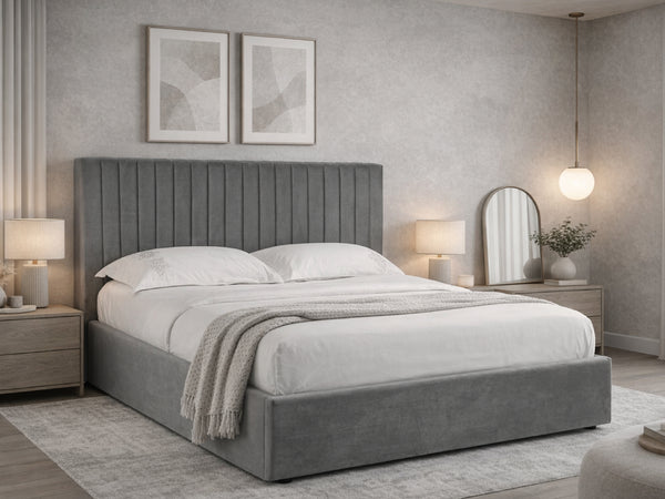 Dalston velvet ottoman bed, in smoked grey, in a bedroom