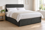Slate hopsack divan bed base with 2 drawers and a curved headboard, in a bright UK bedroom (bedding for illustration, mattress not included)