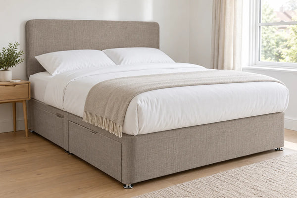 Slate linoso divan bed base with 2 drawers and a curved headboard, in a bright UK bedroom (bedding for illustration, mattress not included)