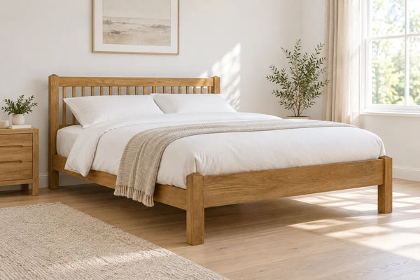 Dulwich solid oak super king bed, shown in a bright UK bedroom