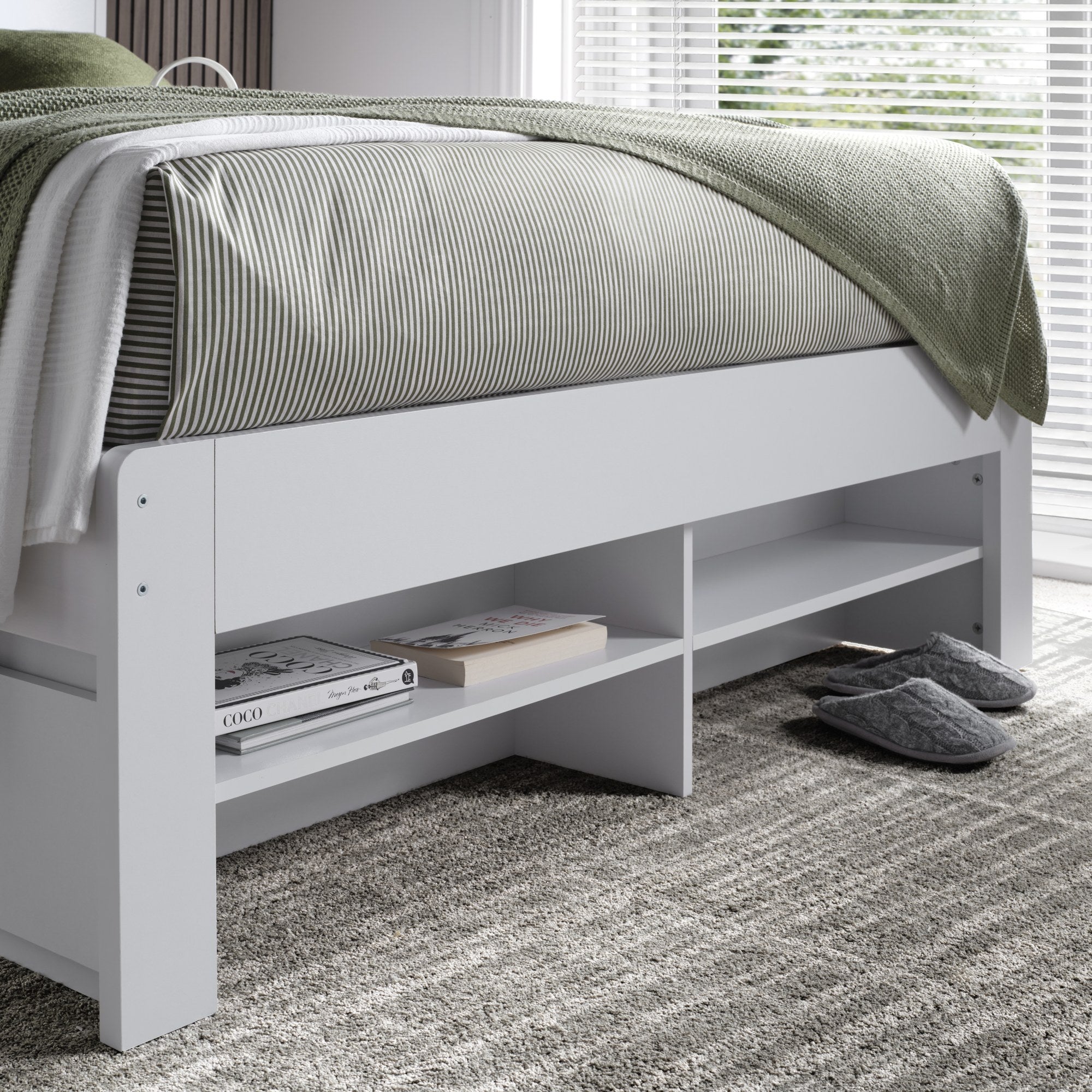 Harrow white wooden bed, the open shelves at the foot end