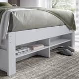 Harrow white wooden bed, the open shelves at the foot end