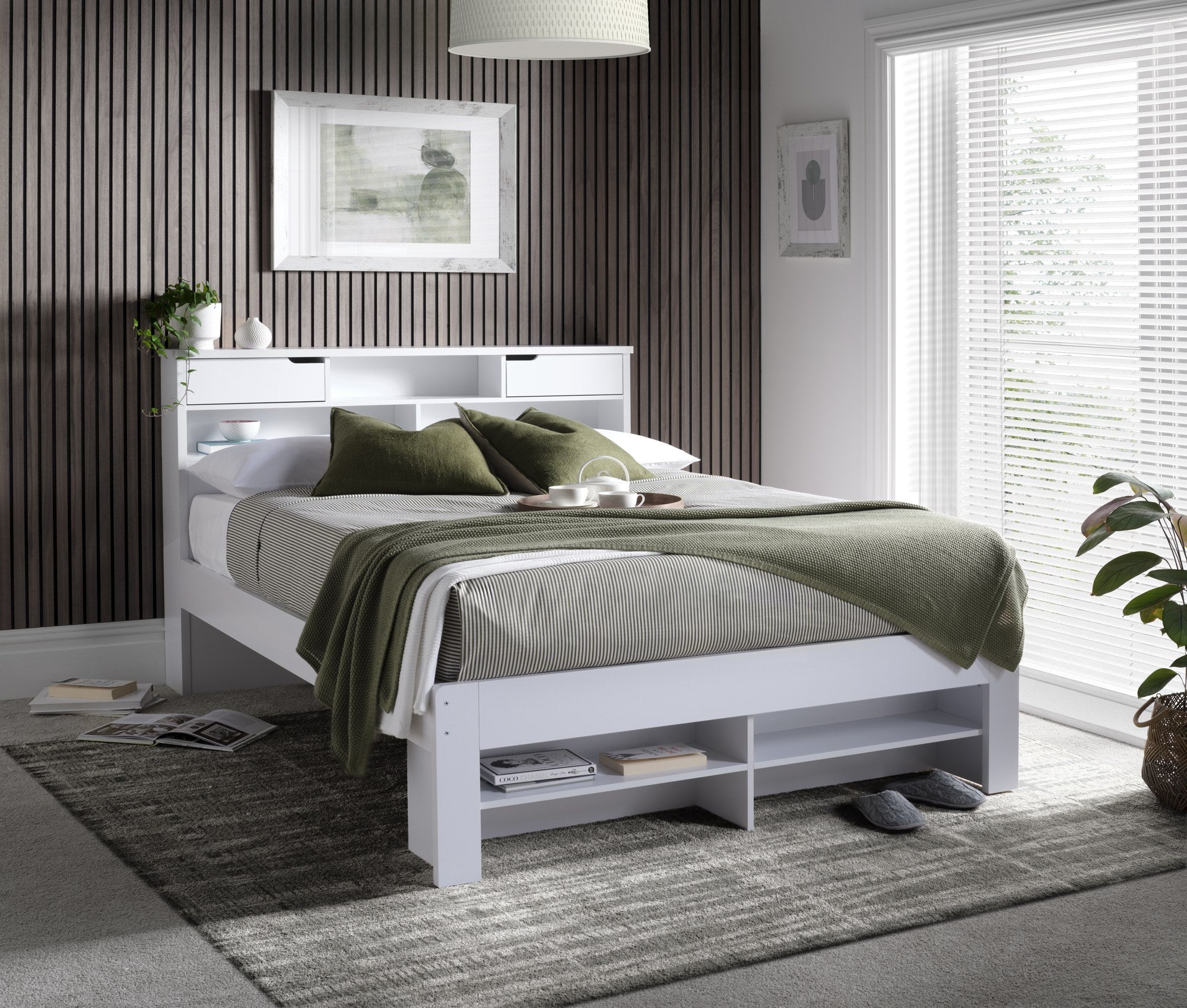 Harrow white wooden bed, in a bedroom