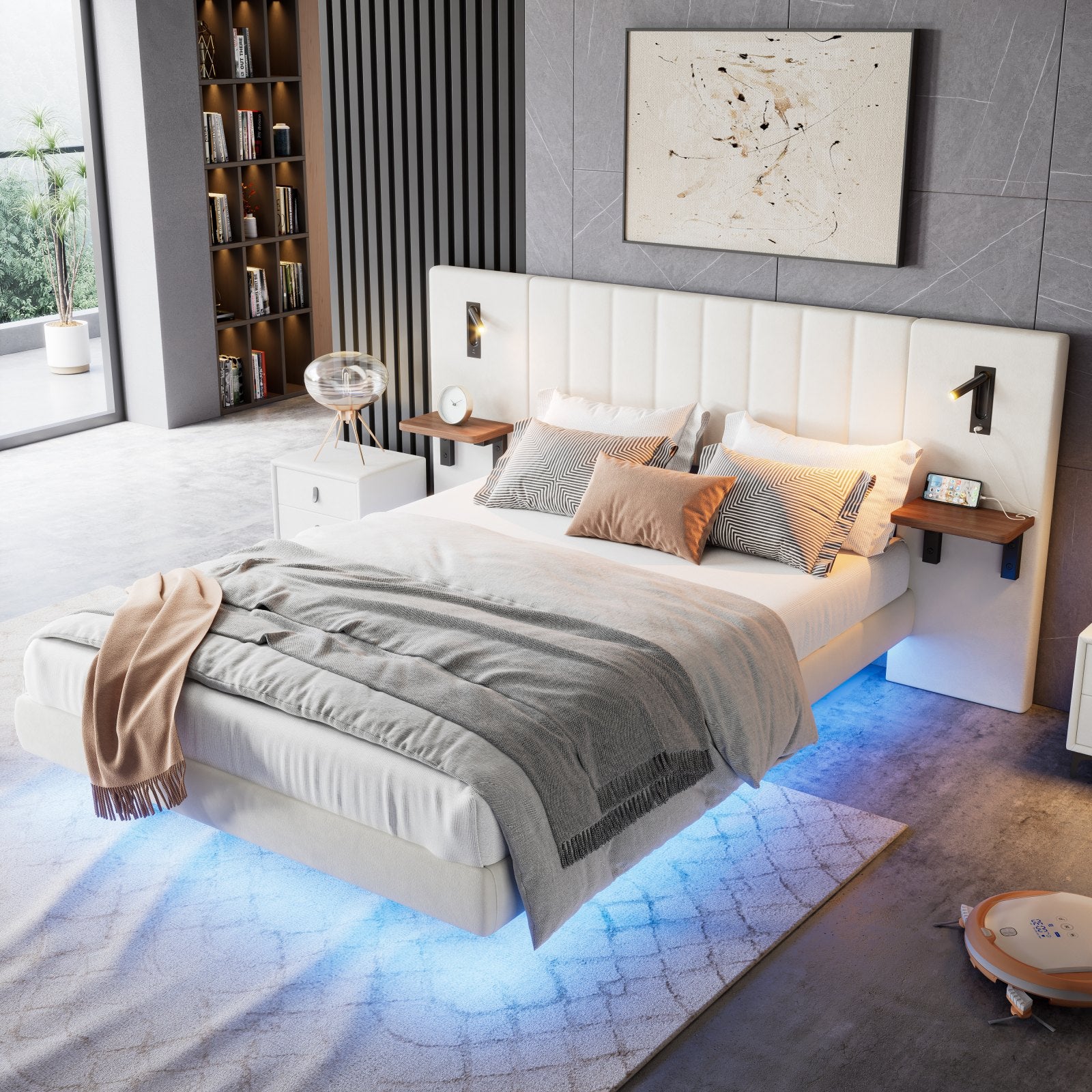 Maida Floating Bed with Bedside Shelves, in a bedroom, LED glow in blue