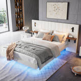 Maida Floating Bed with Bedside Shelves, in a bedroom, LED glow in blue