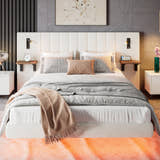 Maida Floating Bed with Bedside Shelves, in a bedroom, LED glow in orange