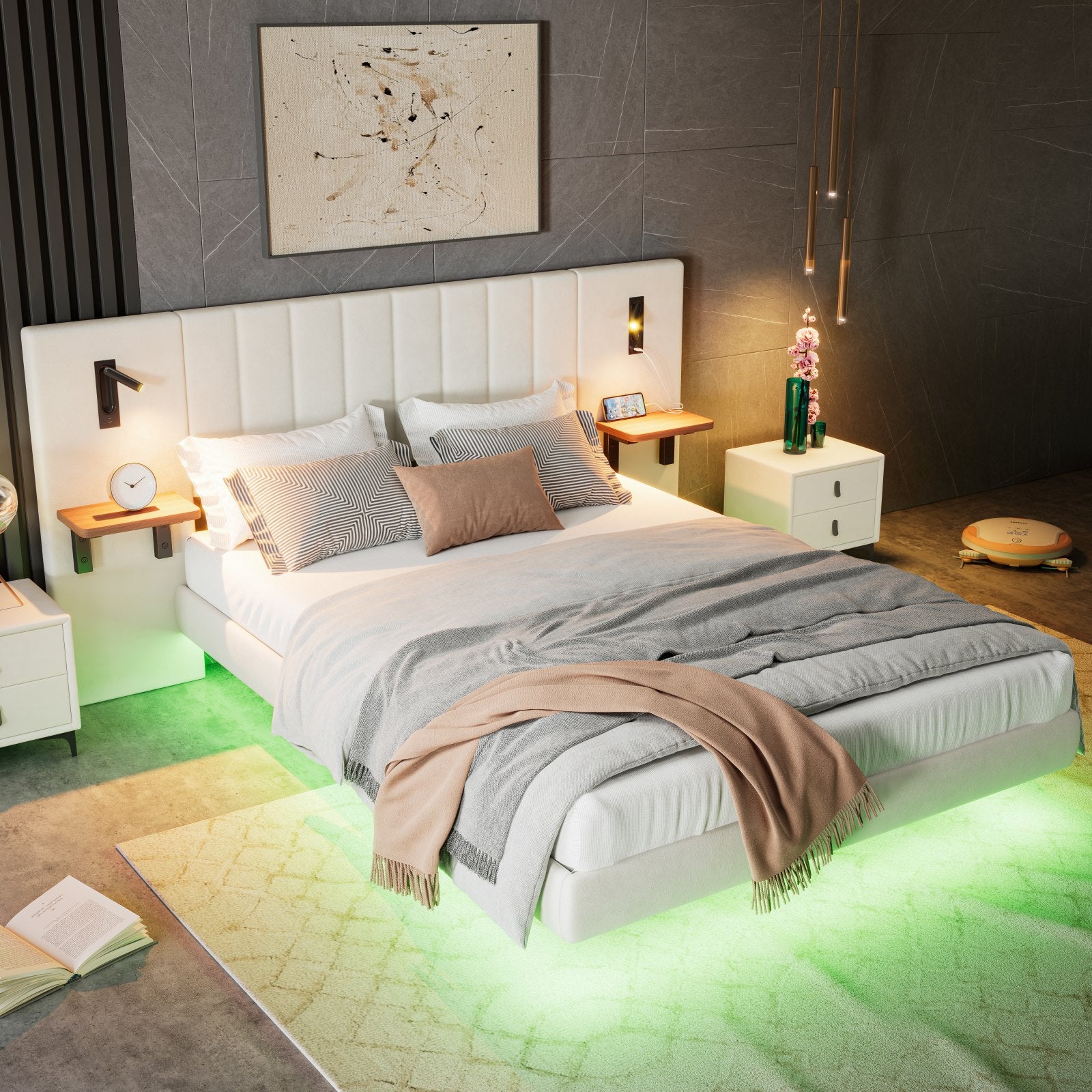 Maida Floating Bed with Bedside Shelves, in a bedroom, LED glow in green