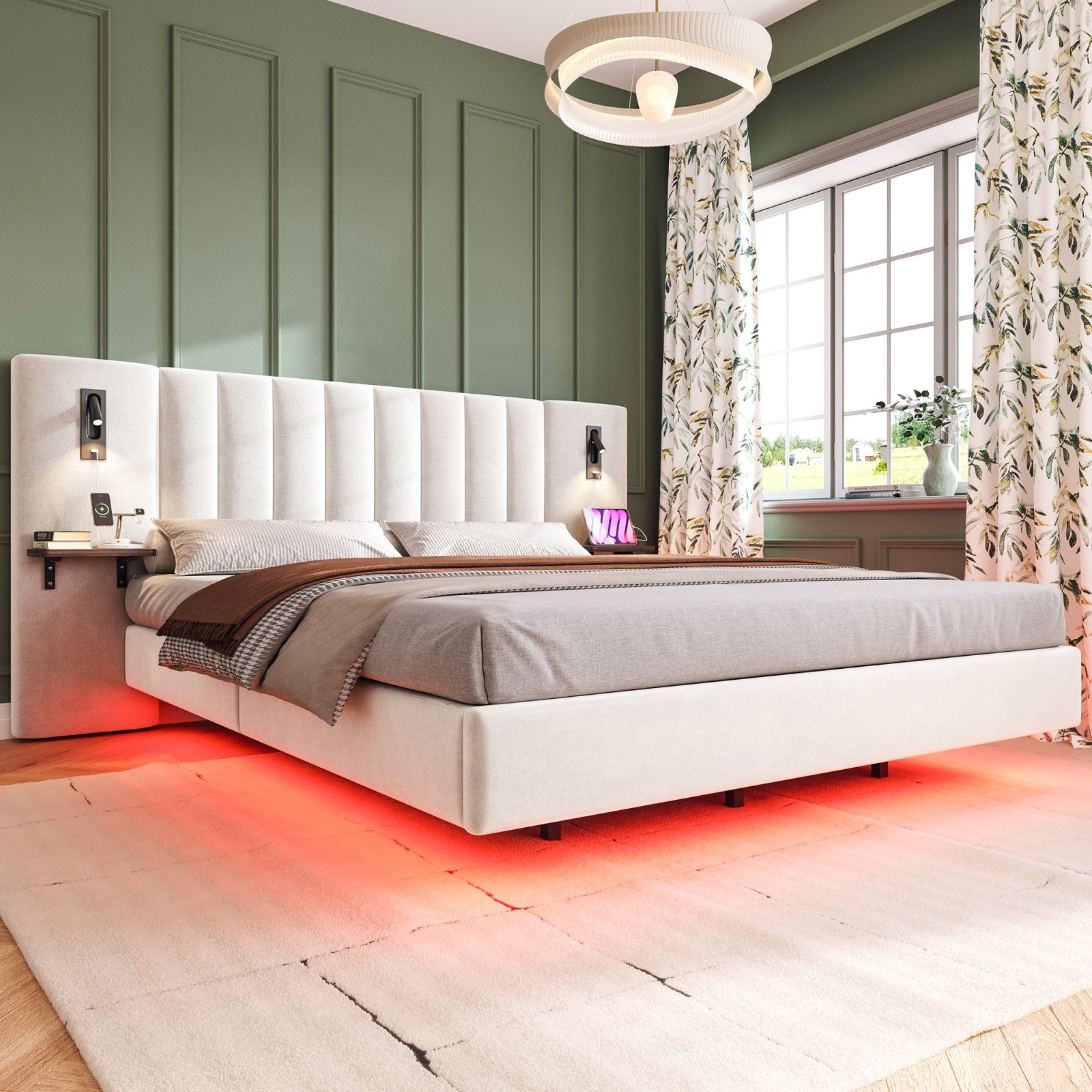 Maida Floating Bed with Bedside Shelves, in a green bedroom
