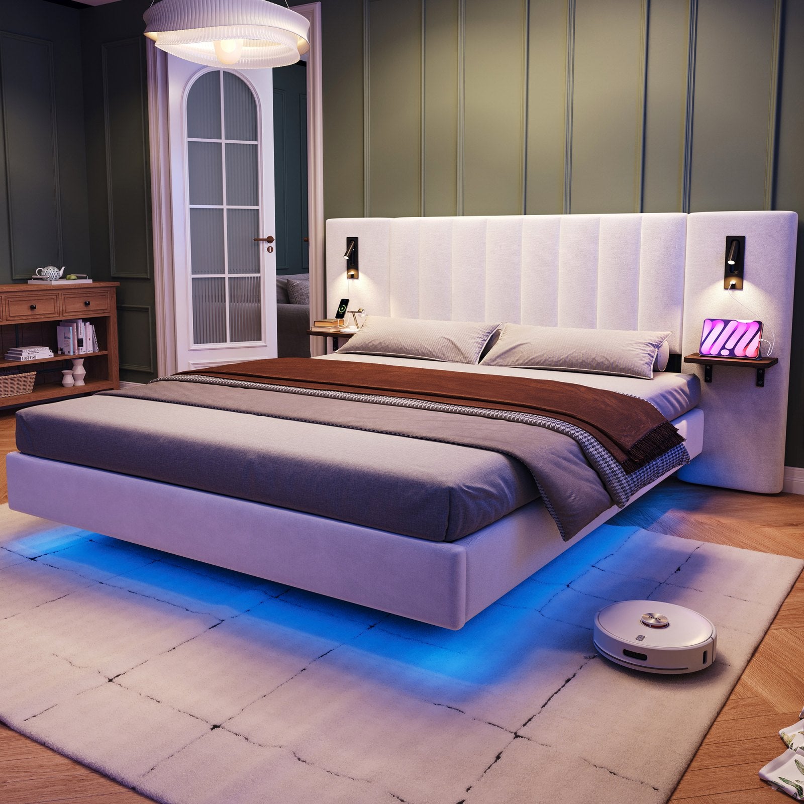 Maida Floating Bed with Bedside Shelves, in a bedroom by a door