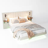 Maida Floating Bed with Bedside Shelves, on a plain background, from the side