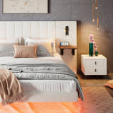 Maida Floating Bed with Bedside Shelves, in a bedroom, from the side