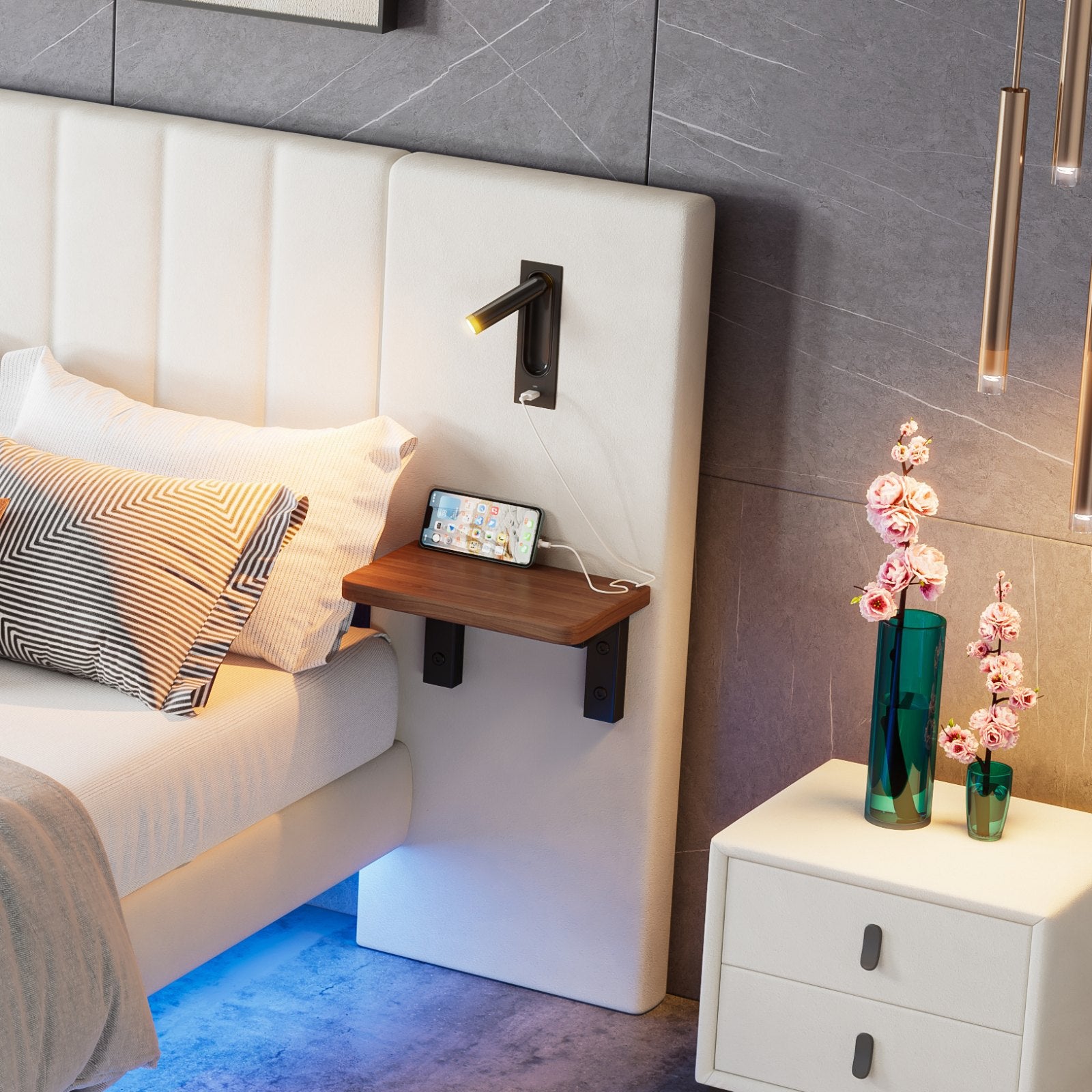 Maida Floating Bed with Bedside Shelves, close-up of a bedside shelf