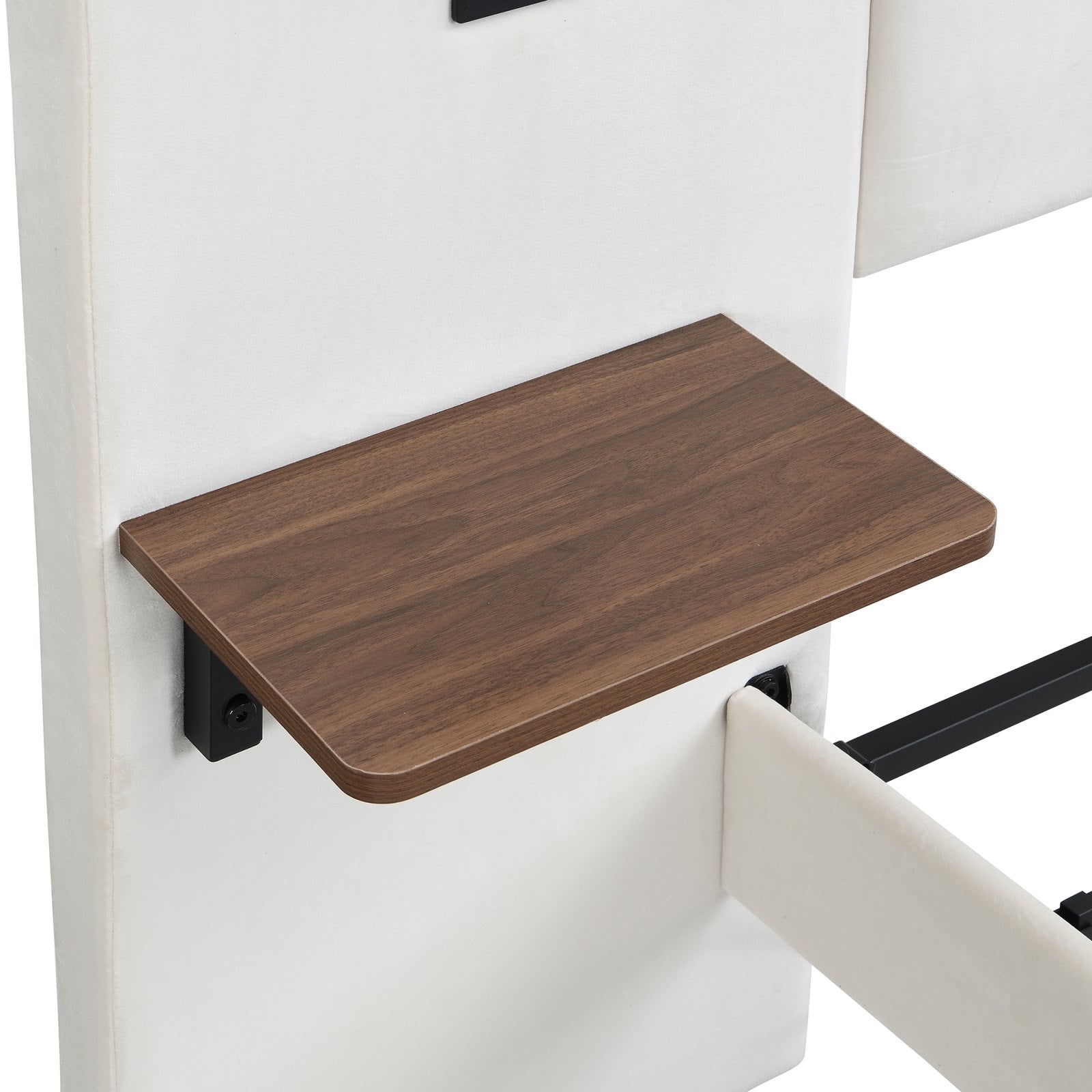 Maida Floating Bed with Bedside Shelves, close-up of the headboard and shelf