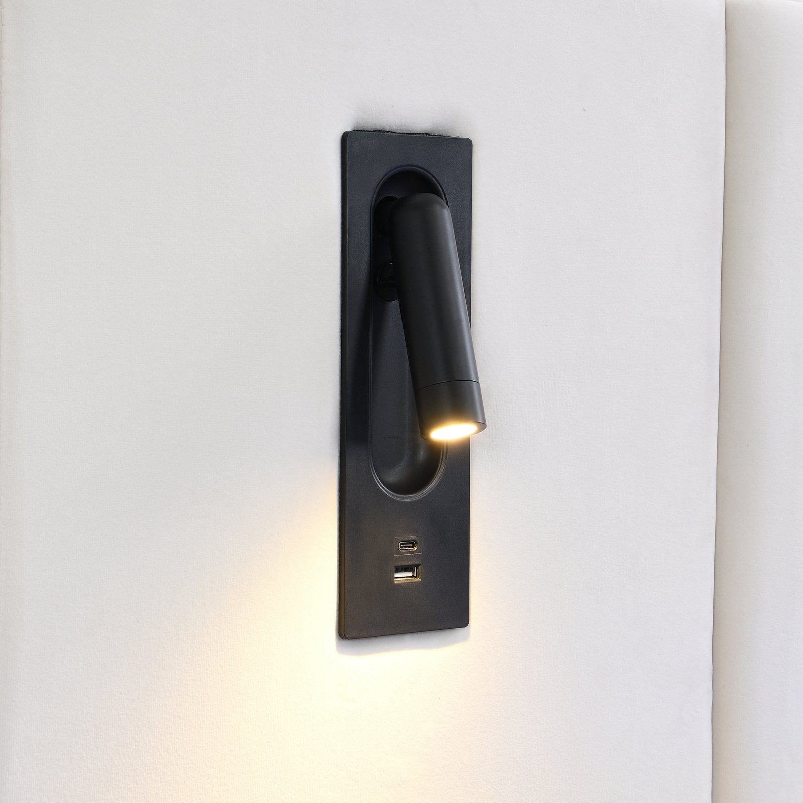 Maida Floating Bed with Bedside Shelves, close-up of the swivel reading light